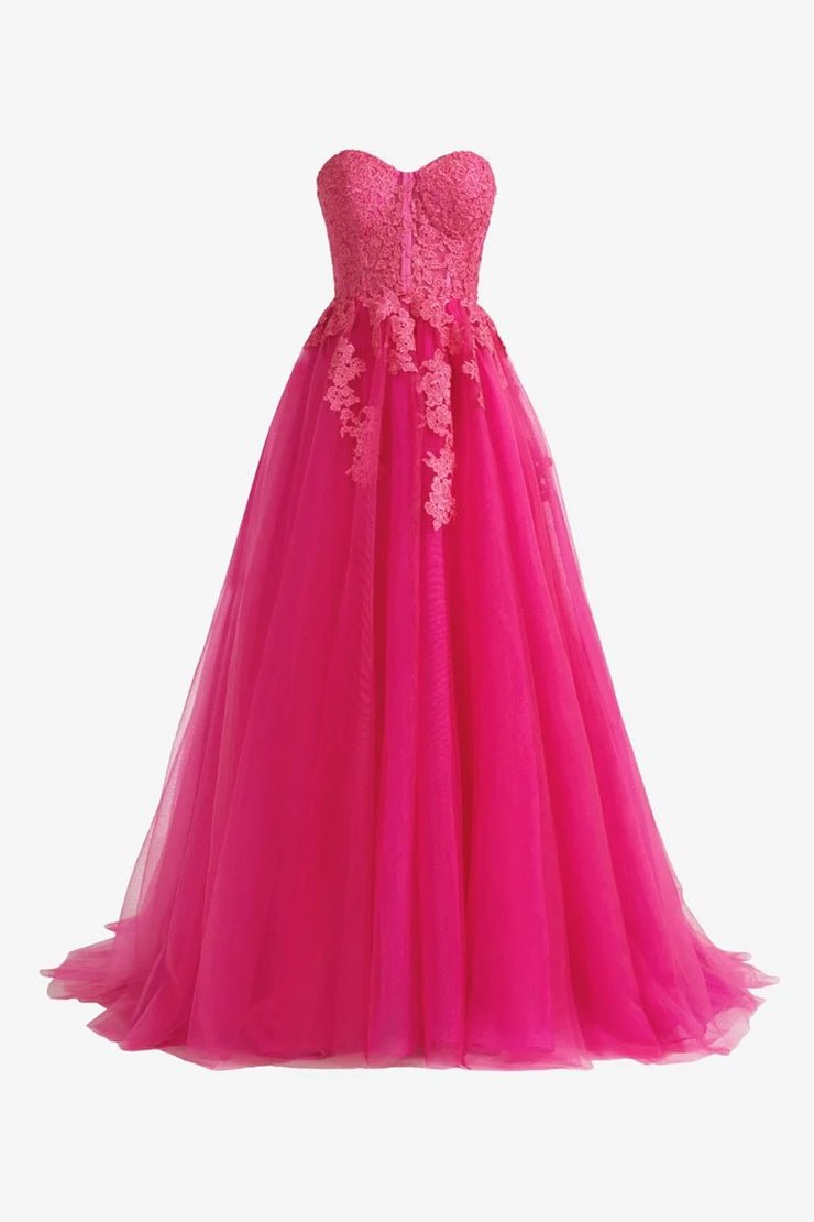 Sevoba|Hot Pink A-Line Tulle Lace Strapless Long Prom Dress