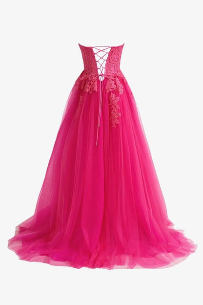 Sevoba|Hot Pink A-Line Tulle Lace Strapless Long Prom Dress