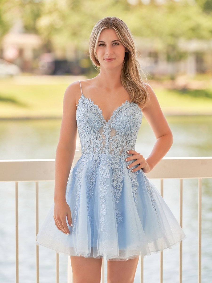 Sevoba|A-Line Spaghetti-Straps Sky Blue Lace Homecoming Dress With Appliques