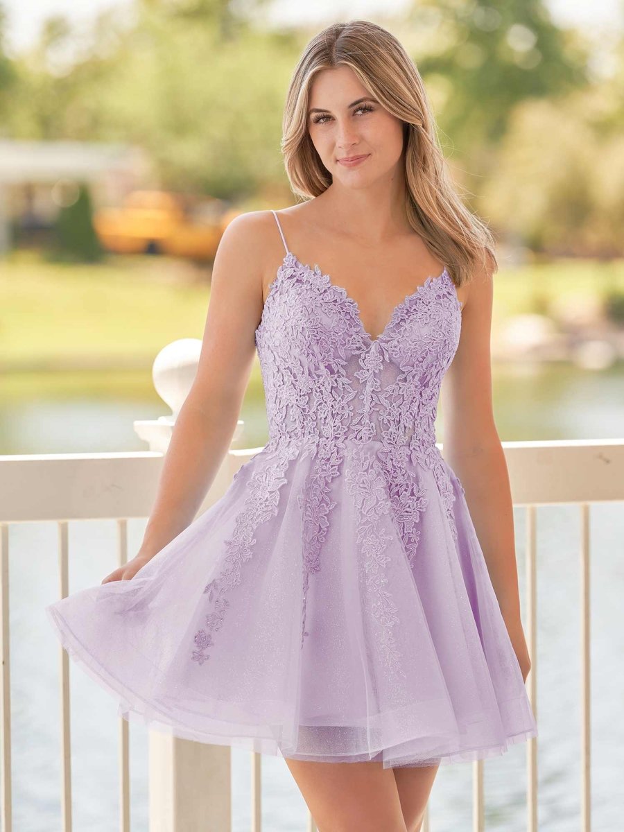 Sevoba|A-Line Spaghetti-Straps Sky Blue Lace Homecoming Dress With Appliques