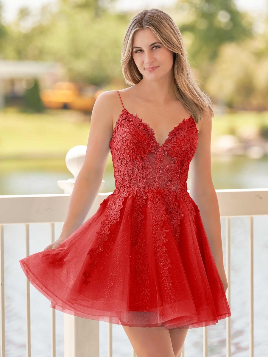 Sevoba|A-Line Spaghetti-Straps Sky Blue Lace Homecoming Dress With Appliques