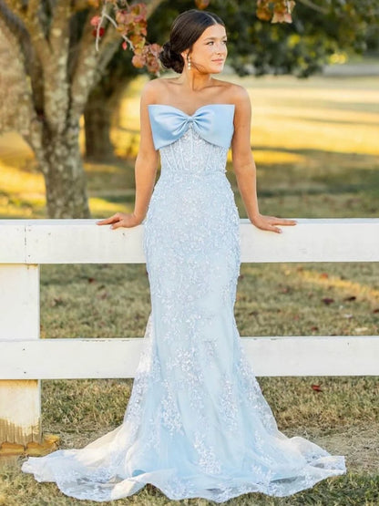 Sevoba|Strapless Mermaid Lace Appliques Long Prom Dress with Bow