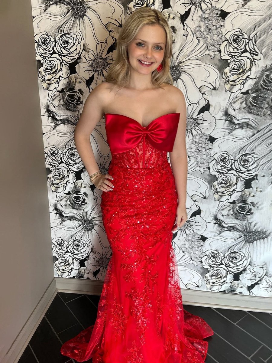 Arvin | Strapless Mermaid Lace Appliques Long Prom Dress with Bow
