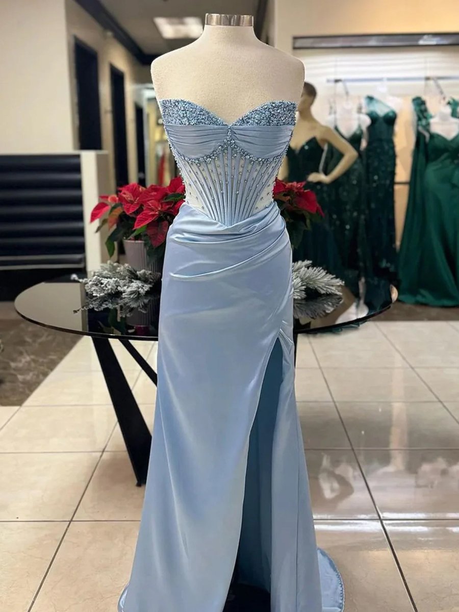 Sevoba|Mermaid Strapless Blue Beaded Ruched Long Prom Dress with Slit