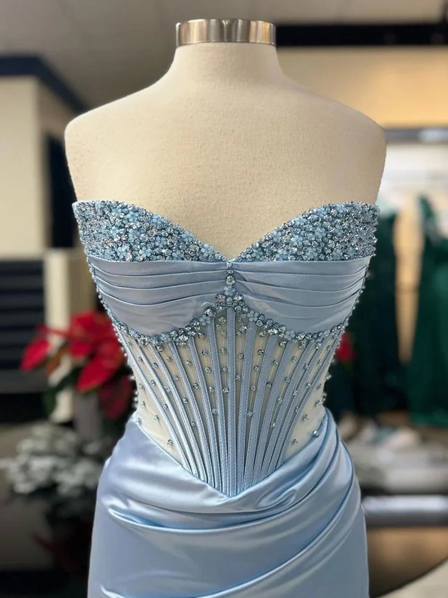 Sevoba|Mermaid Strapless Blue Beaded Ruched Long Prom Dress with Slit