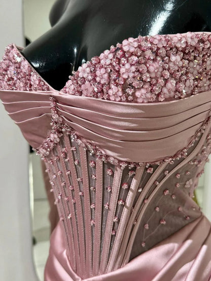 Sevoba|Mermaid Strapless Blue Beaded Ruched Long Prom Dress with Slit