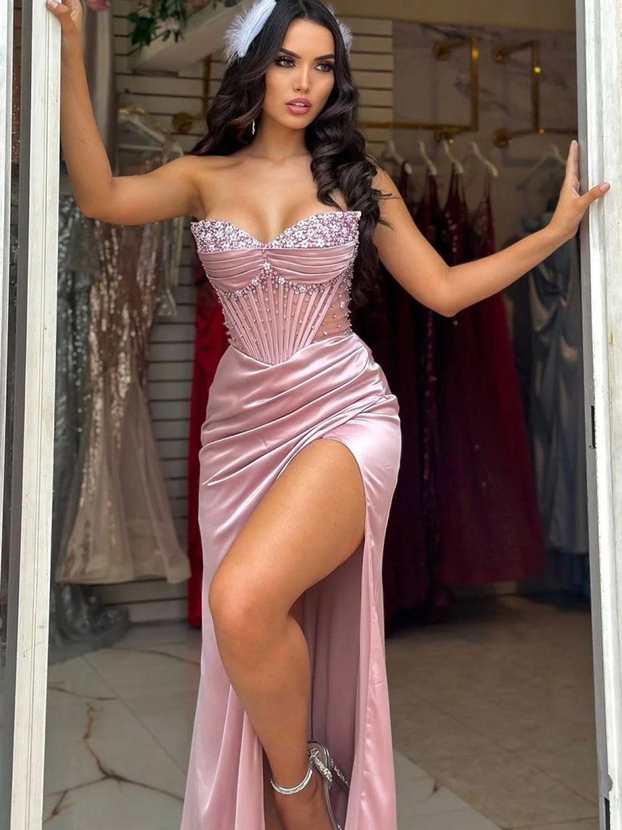 Sevoba|Mermaid Strapless Blue Beaded Ruched Long Prom Dress with Slit