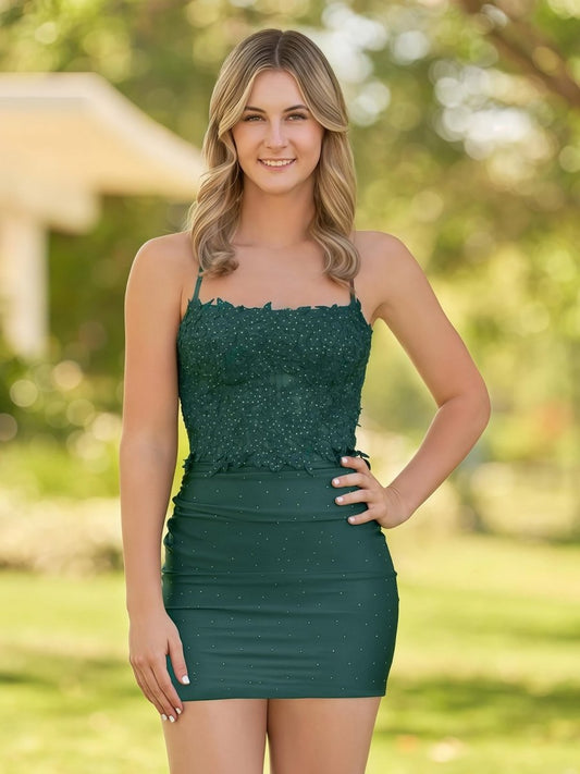 Sevoba|Bodycon Dark Green Spaghetti Straps Short Homecoming Dress with Appliques