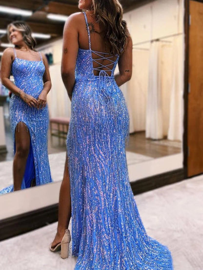 Scoop Neck Hot Pink Mermaid Sequins Long Prom Dresses with Beading