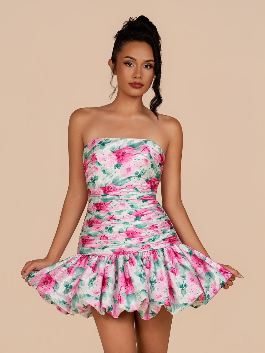 Sevoba|White - Sheath Floral Strapless Beaded Short Homecoming Dresses