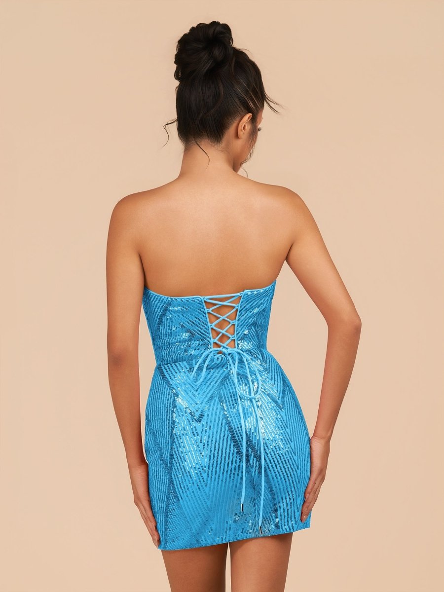 Sevoba|Blue - Strapless Bodycon Sequins Homecoming Dresses With Slit