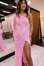 One-shoulder Long Sleeve Tiffany Blue Sequins Long Formal Dress