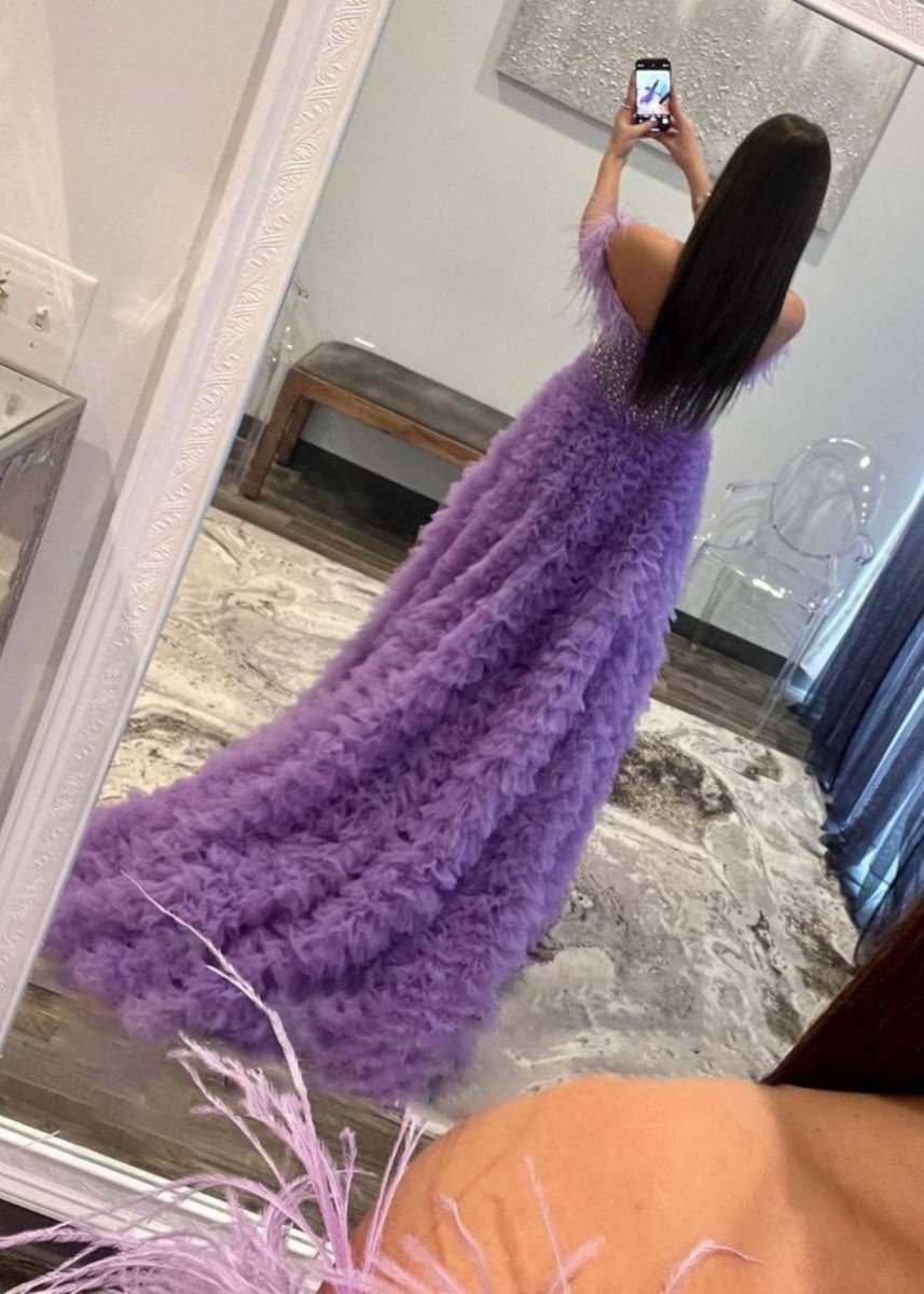 A Line Off the Shoulder Tiered Tulle Prom Dress With Slit