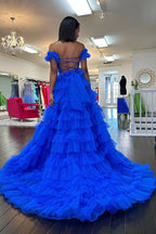 Royal Blue Off the Shoulder Ruffle Tiered Tulle Long Prom Dresses with Slit