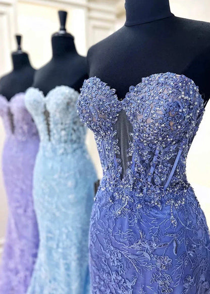 Sevoba|Black Sweetheart Lace Appliques Mermaid Long Prom Dresses