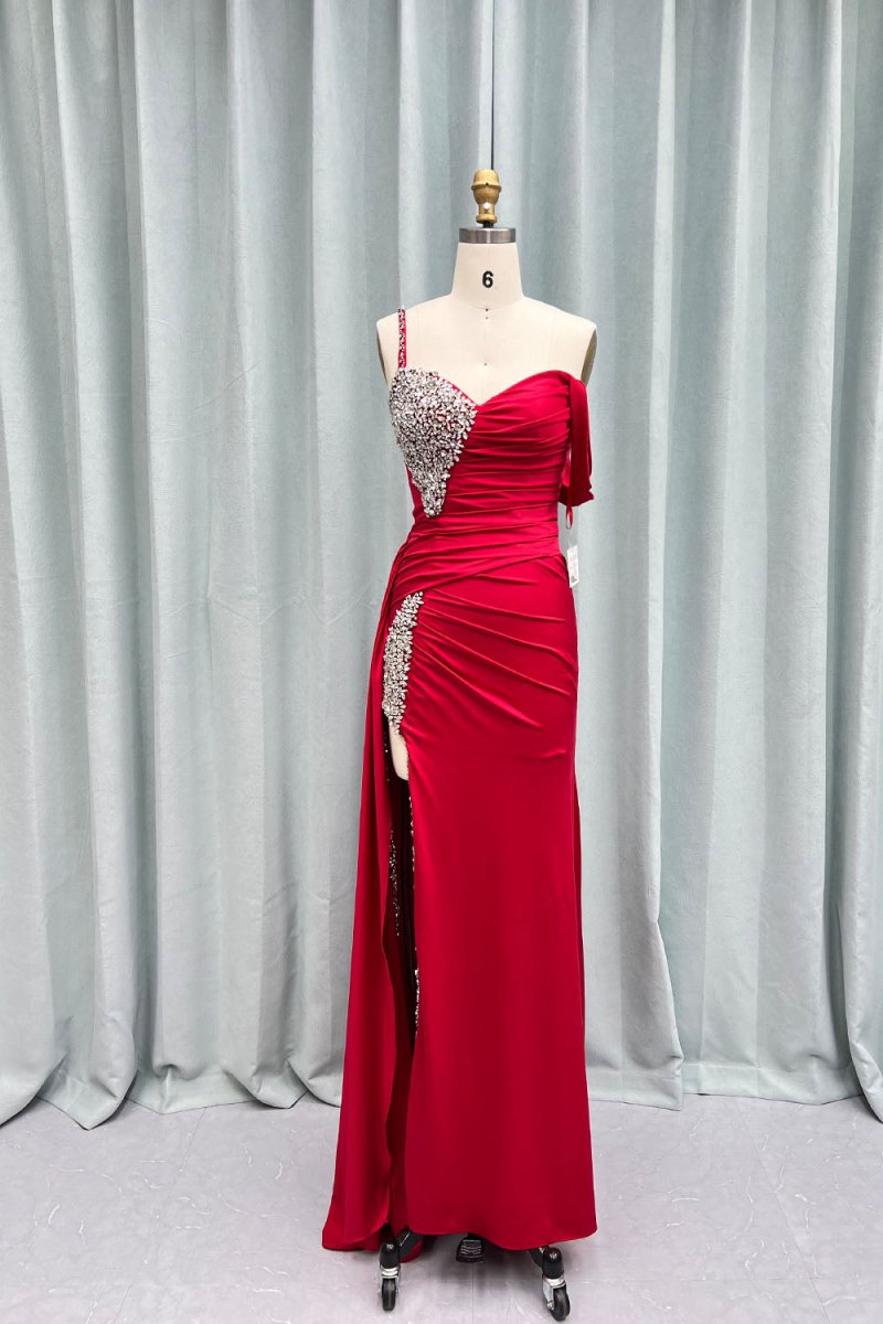 Kaydence | Chic Asymmertrical Fuchsia Beaded Long Porm Dress