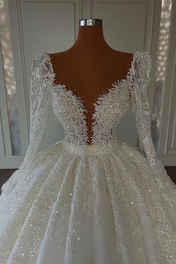 Ball Gown Long Sleeves Wedding Dress Lace V-Neck