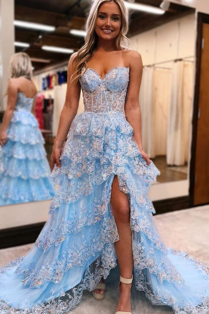 Sevoba|Blue Strapless A-Line V-Neck Sequins Appliques Tiered Prom Dress with Slit