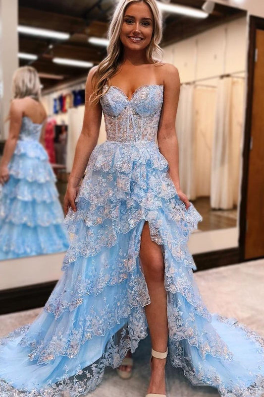 Sevoba|Blue Strapless A-Line V-Neck Sequins Appliques Tiered Prom Dress with Slit