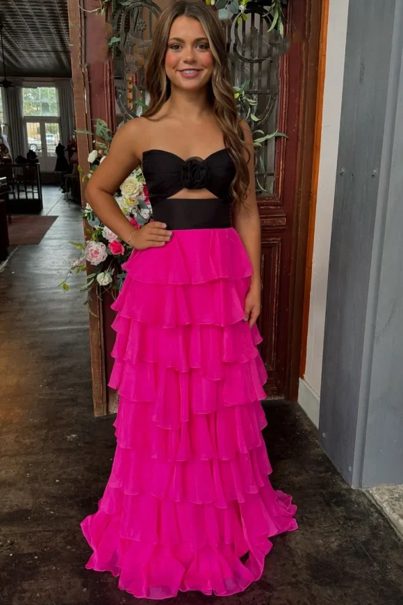 Sevoba|A-Line Strapless V-Neck Layered Chiffon Sleeveless Formal Prom Dress