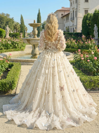 Charming Ball Gown Illusion Long Sleeves Quinceañera Dress With 3D Butterfly | Sevoba