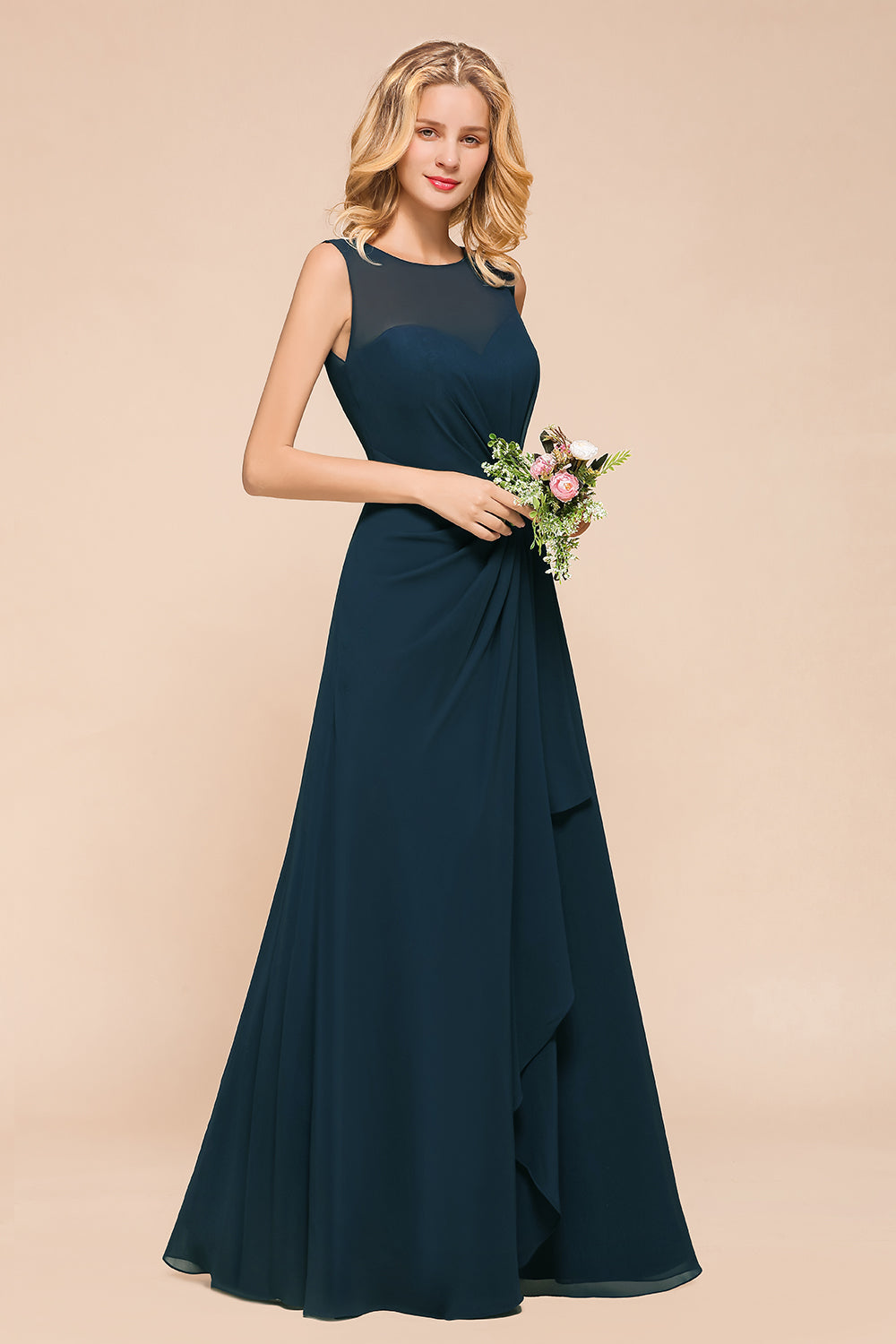 Beautiful Chiffon Jewel Ruffle Navy Affordable Bridesmaid dresses