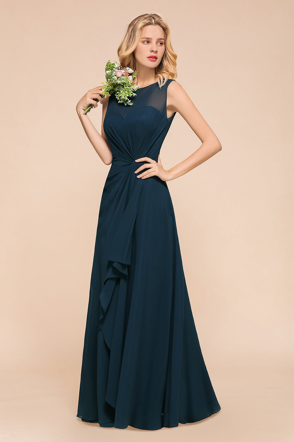 Beautiful Chiffon Jewel Ruffle Navy Affordable Bridesmaid dresses