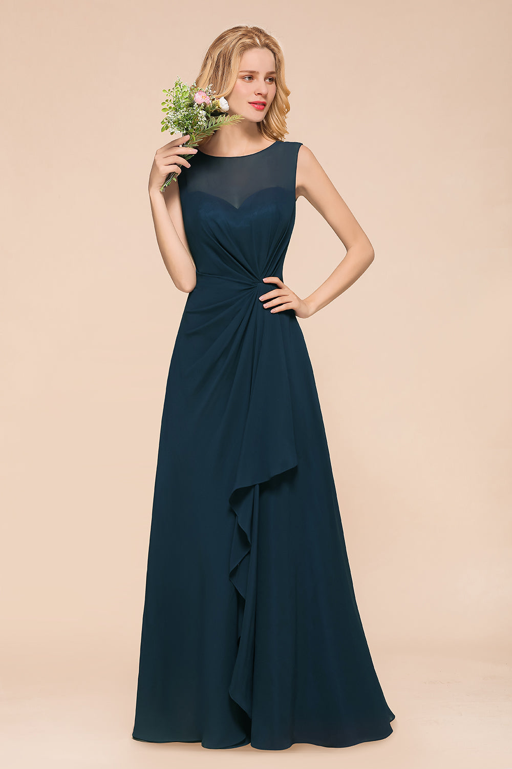 Beautiful Chiffon Jewel Ruffle Navy Affordable Bridesmaid dresses