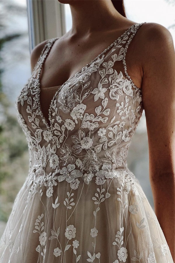 Beautiful V-Neck Wedding Dress Lace Sleeveless