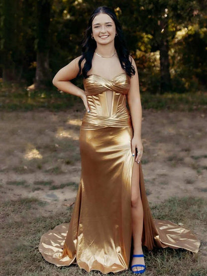 Bencelina | Mermaid Sweetheart Green Metallic Long Prom Dress with Slit