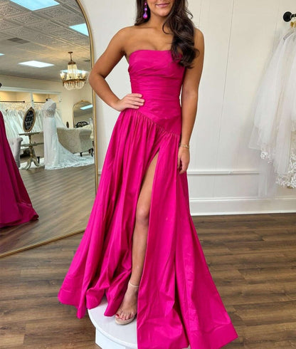 Beth | Fuchsia Strapless Taffeta A-line Long Formal Dress