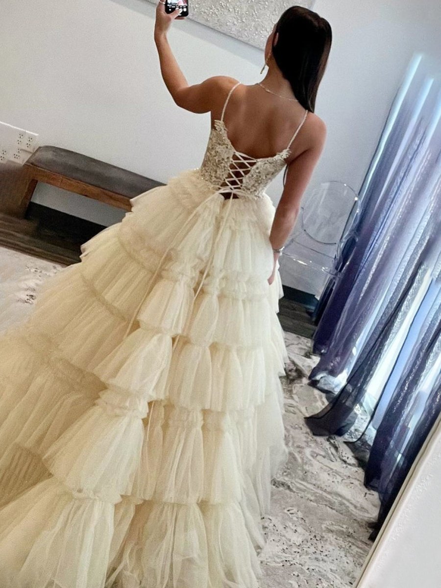 Hadlee | Black Beaded Spaghetti Strap Ruffle Tiered Ball Gown