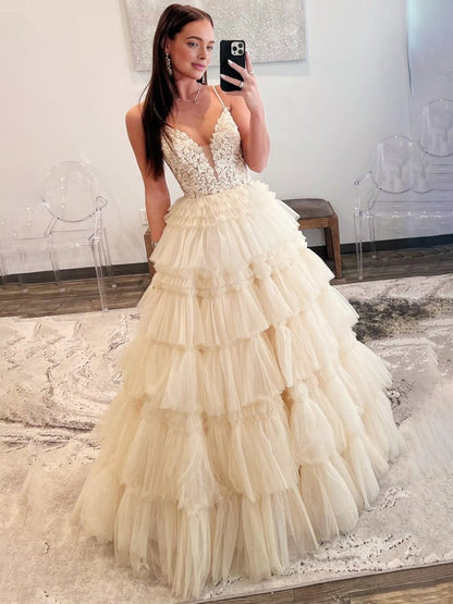 Hadlee | Black Beaded Spaghetti Strap Ruffle Tiered Ball Gown