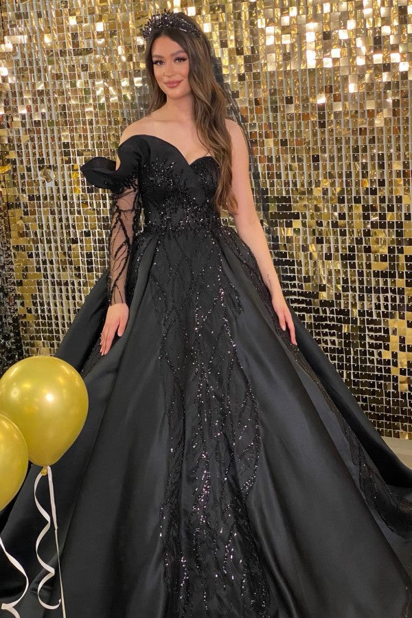 Black Long Sleeve Prom Dress One Shoulder Ball Gown With Beads