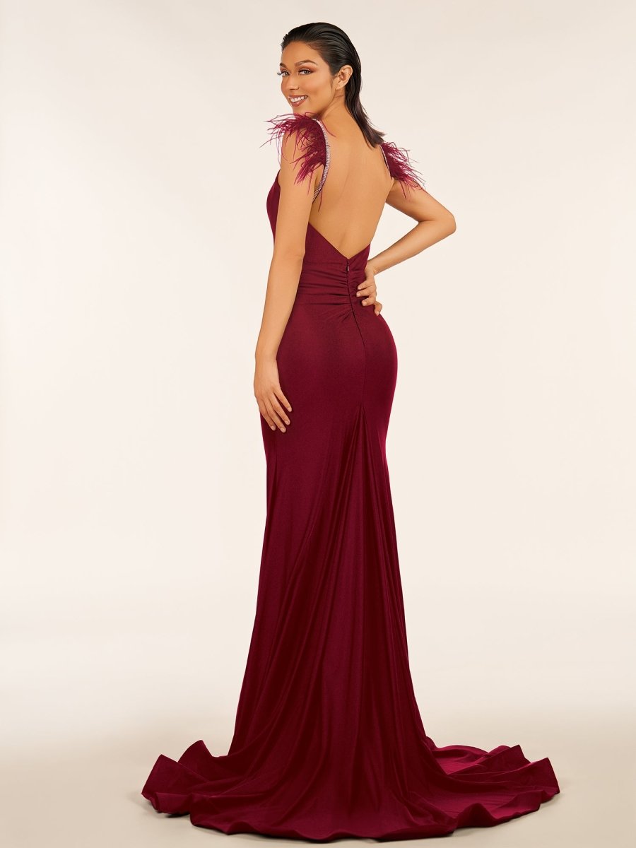 Sevoba|Mermaid Backless Jersey Prom Dress with Feathers