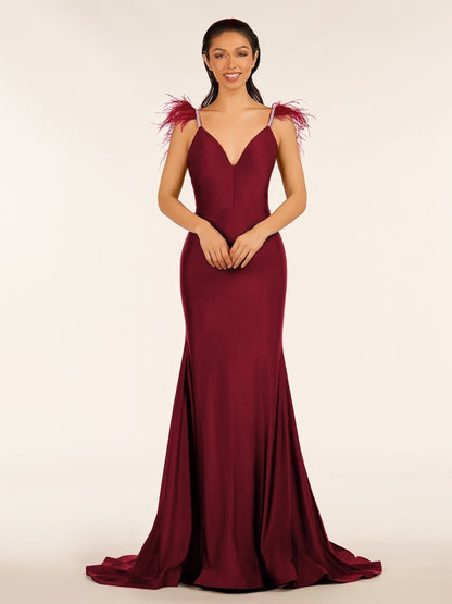 Sevoba|Mermaid Backless Jersey Prom Dress with Feathers