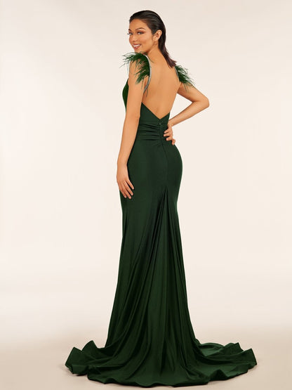 Sevoba|Mermaid Backless Jersey Prom Dress with Feathers