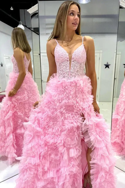 Joyce| Black Plunge V Spaghetti Strap Ruffle Tiered Long Gown