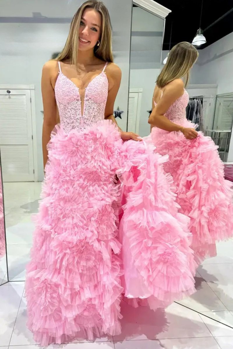 Joyce| Black Plunge V Spaghetti Strap Ruffle Tiered Long Gown