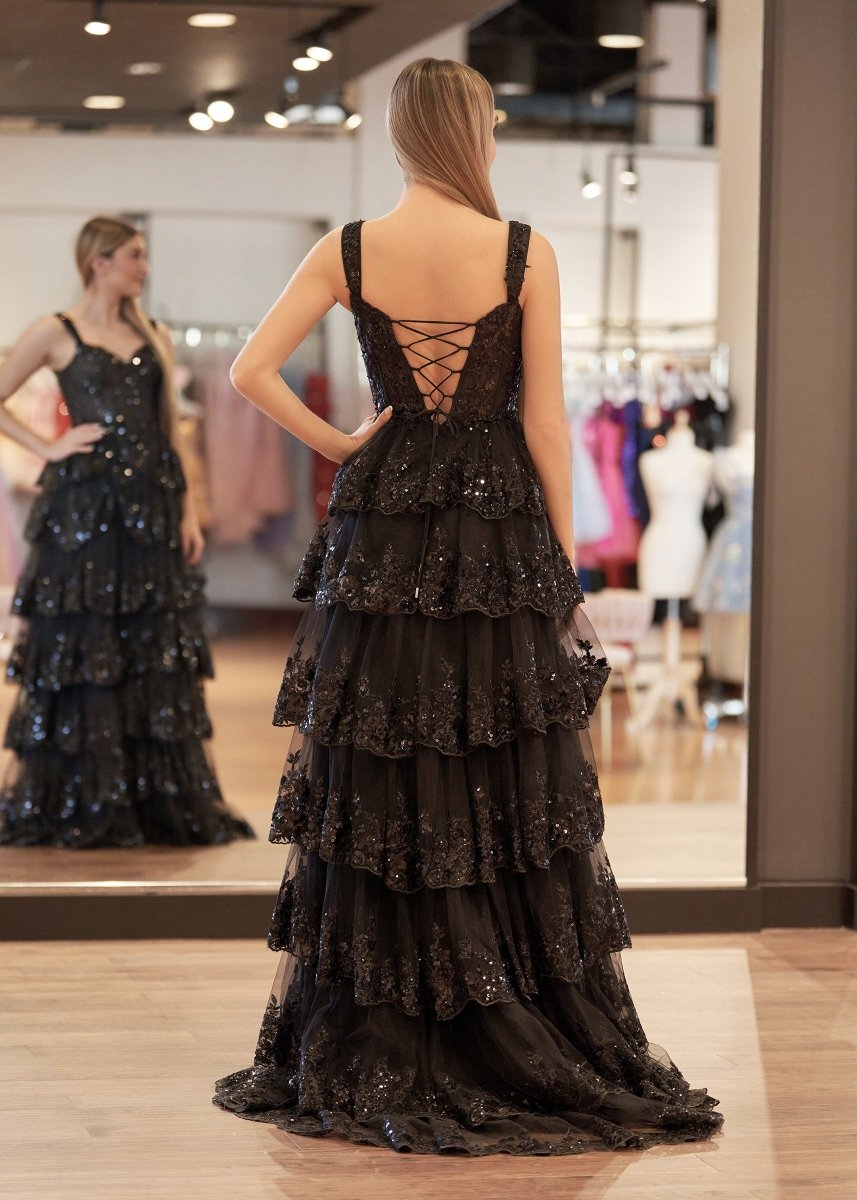 Black Princess A Line Off the Shoulder Corset Prom Dress with Lace Ruffles