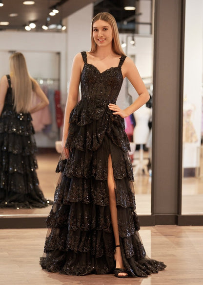 Black Princess A Line Off the Shoulder Corset Prom Dress with Lace Ruffles
