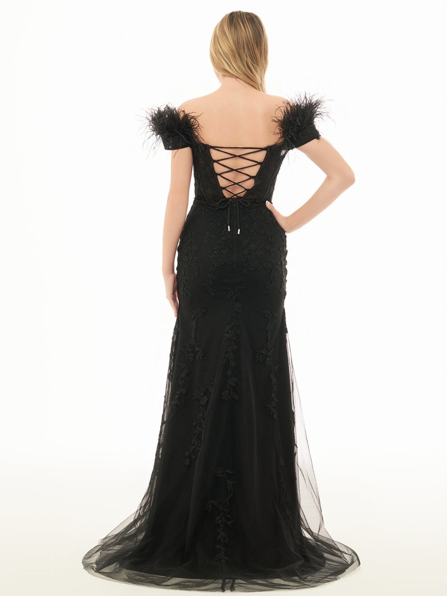 Sevoba|Mermaid Deep V Neck Feather Lace Long Prom Dress