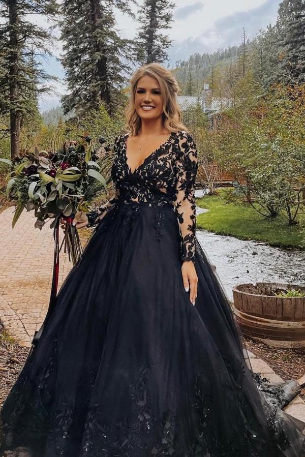 Black Wedding Dress Long Sleeves With Lace