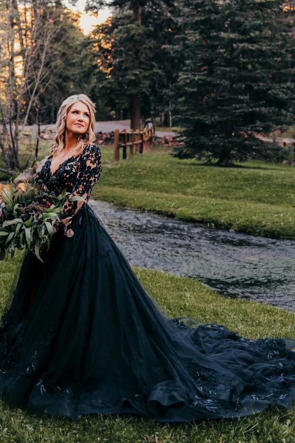 Black Wedding Dress Long Sleeves With Lace