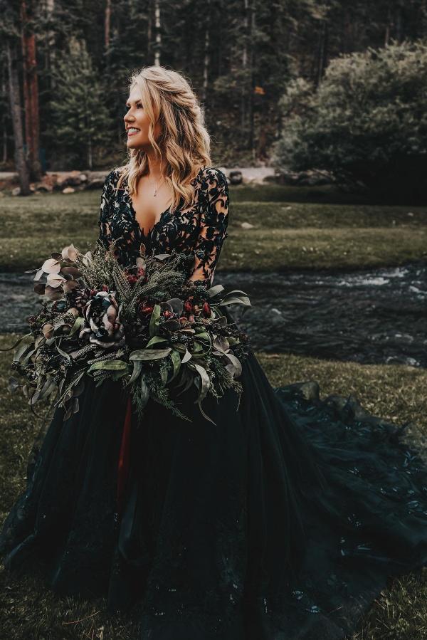 Black Wedding Dress Long Sleeves With Lace