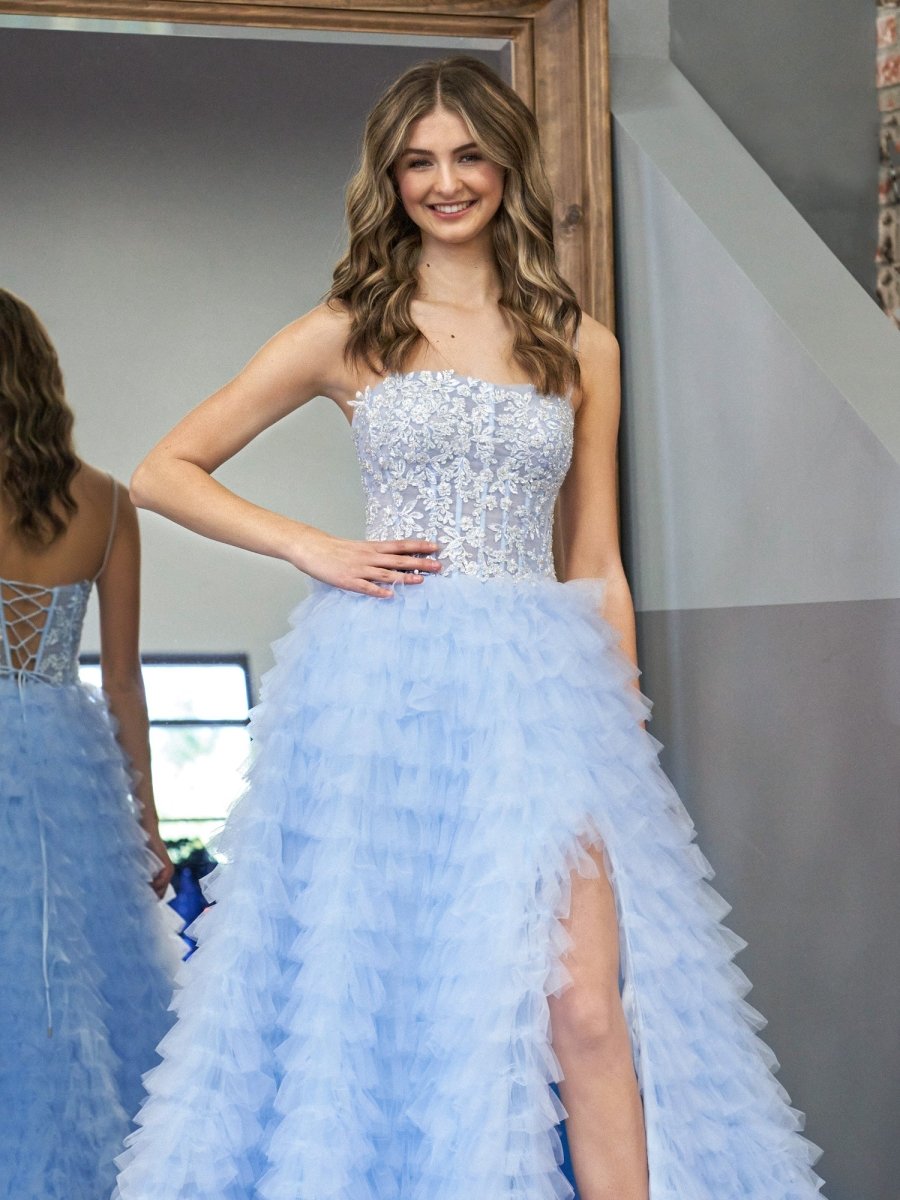 Sevoba | Sky Blue A-Line Tiered Sequins Tulle Long Prom Dress