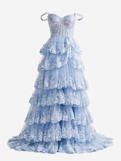 Capri | Blue Crystal Sequins Princess A Line Off the Shoulder Prom Dress with Lace Ruffles