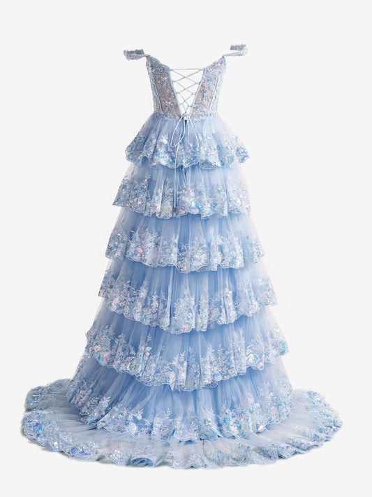 Capri | Blue Crystal Sequins Princess A Line Off the Shoulder Prom Dress with Lace Ruffles