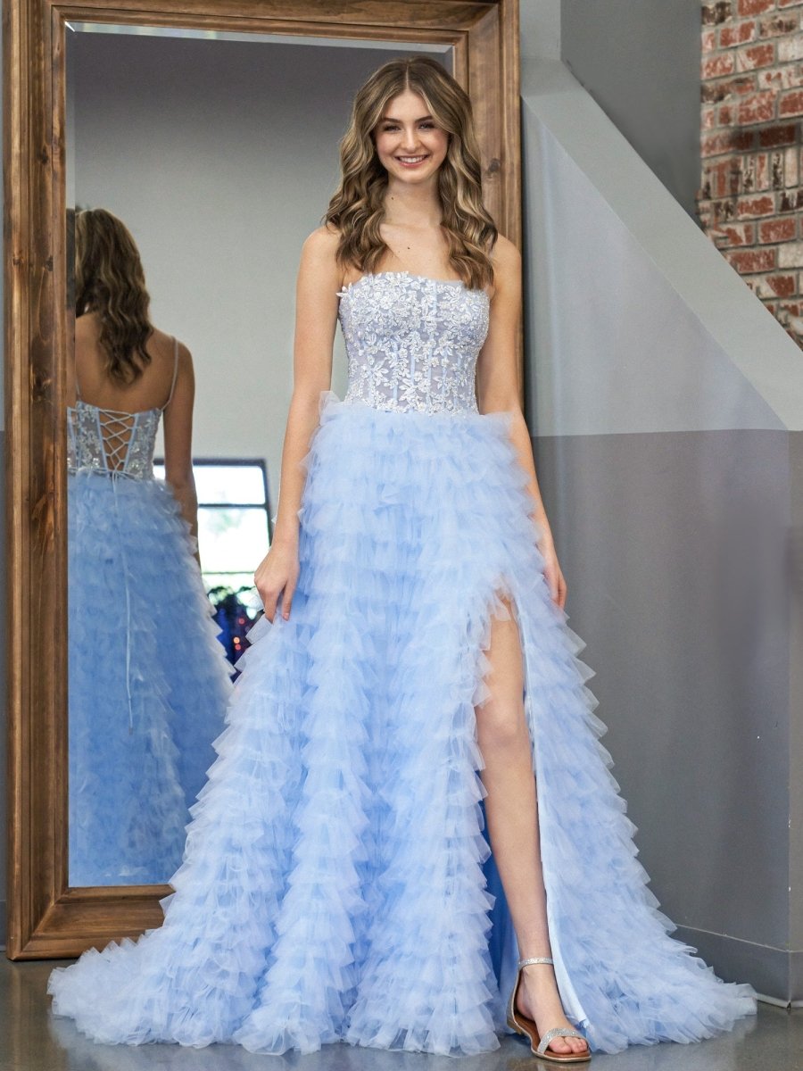 Sevoba | Sky Blue A-Line Tiered Sequins Tulle Long Prom Dress