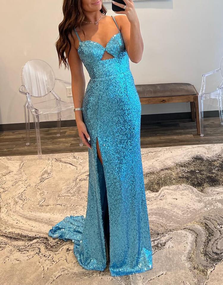 Araceli |Sheath Spaghetti Strap Sequin Prom Dress with Slit